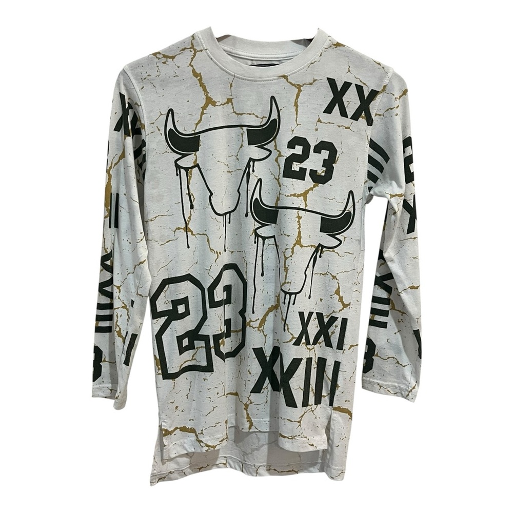Bare Fox Bulls Graphic Long Sleeve Tee Youth L 14-16 White Gold Crackle Print 23